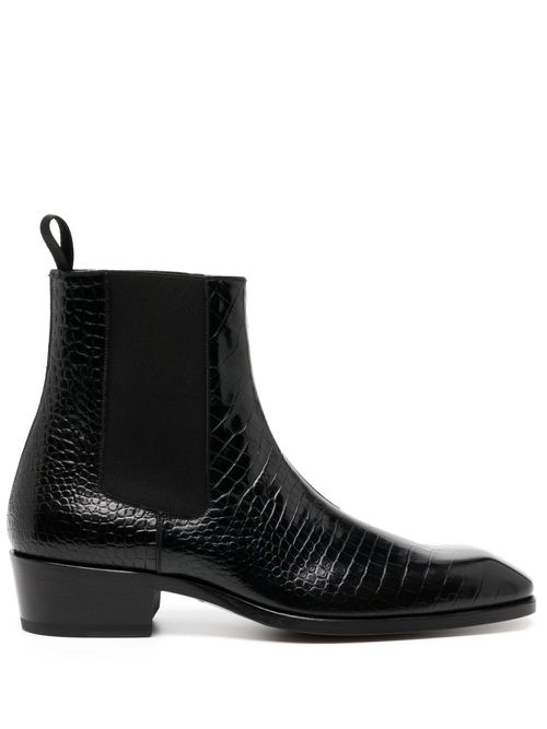 Crocodile-effect leather boots - Black