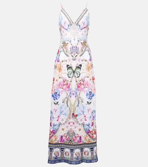 Crystal-embellished linen slip dress