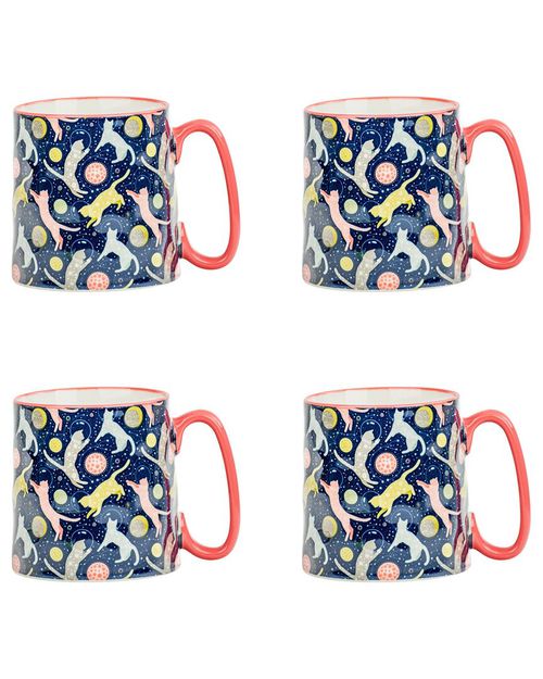 10 Strawberry Street Set of 4 Bella Mugs: Cats In Space