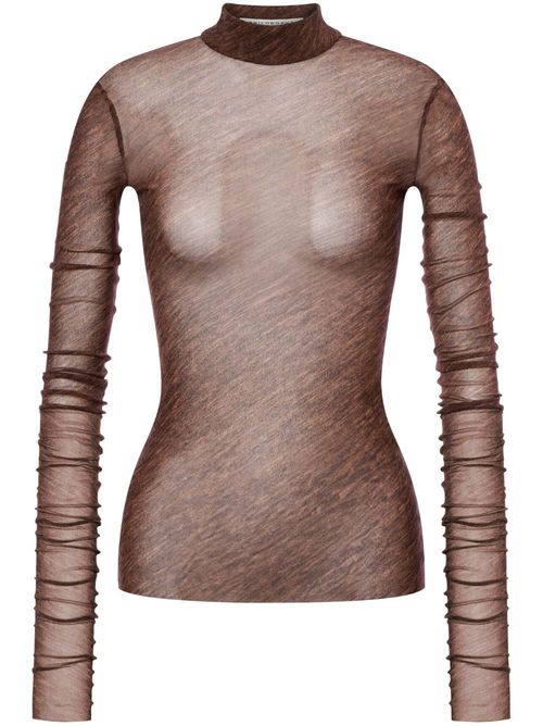 Semi-sheer mock-neck top - Brown
