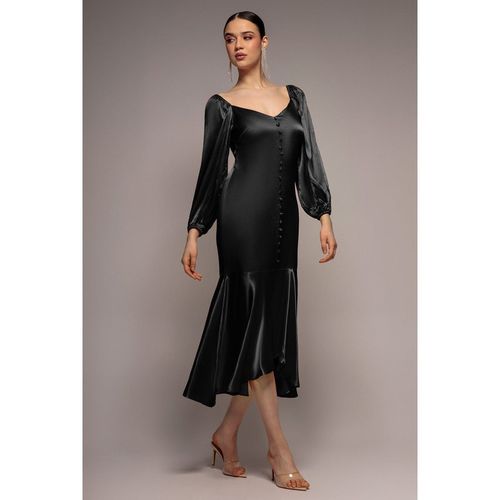 Goddiva Satin Viscose Front Buttoned Dipped Hem Midaxi Dress - Black
