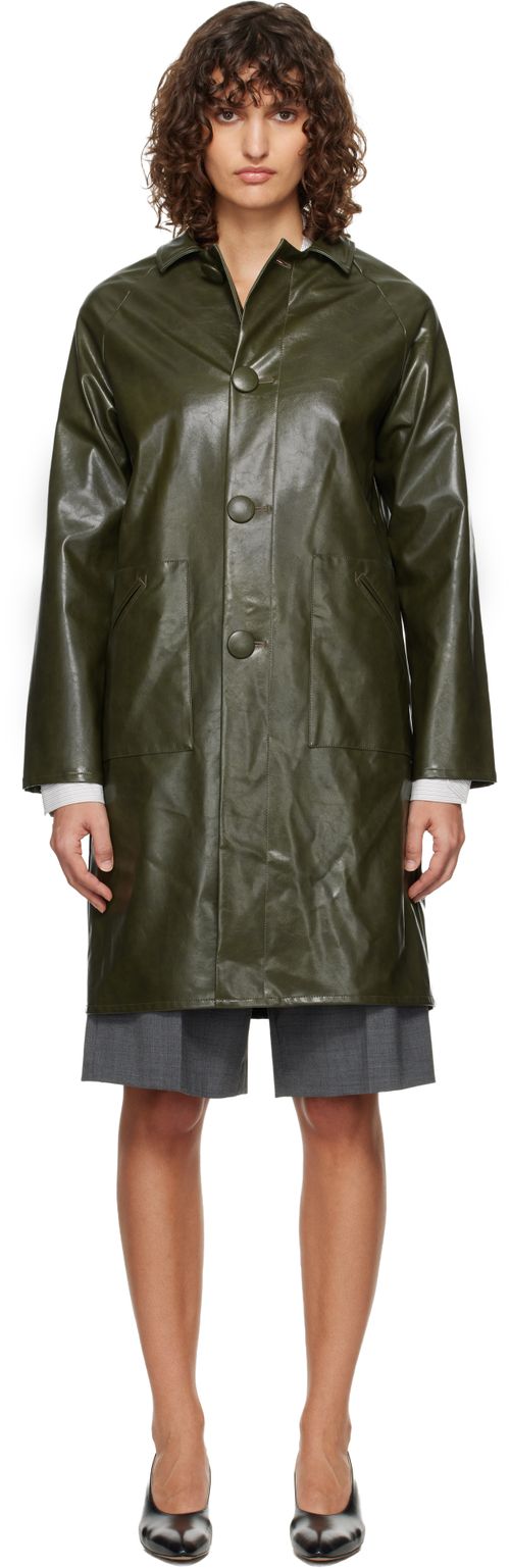 Khaki Raglan Faux-Leather Coat