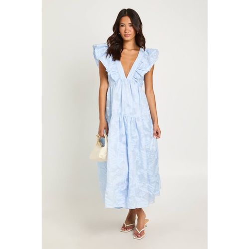 Boohoo Women's Burnout Lace Up Detail Ruffle Hem Midaxi Dress in Pastel Blue