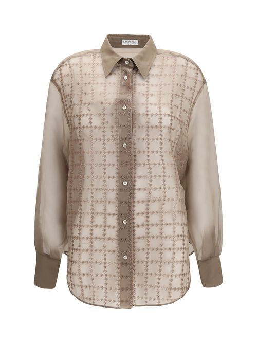 Sequin-Embellished Checked Silk Shirt — Beige