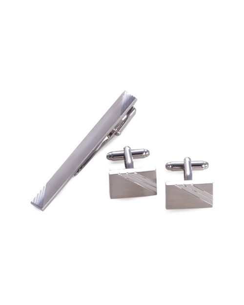 Rhodium Plated Satin Finish & Striped Design Cufflinks & Tie Pin Set