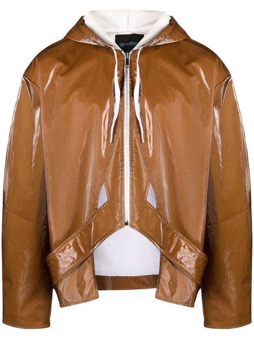 High-shine zip-up hooded jacket - Brown