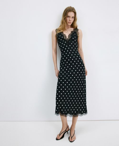 Women's Lace Detail Polka-Dot Dress - Black