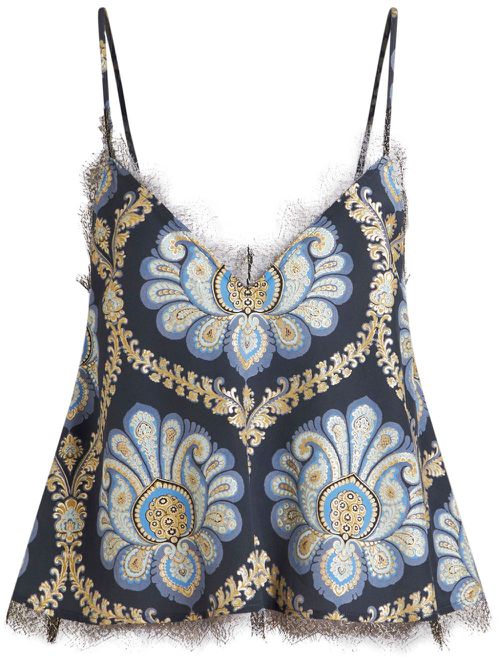 Paisley-print lace-detail silk top - Blue