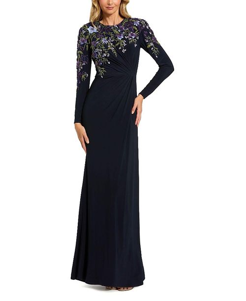 Floral Embroidery Embellished Detail Long Sleeve Fitted Jersey Gown