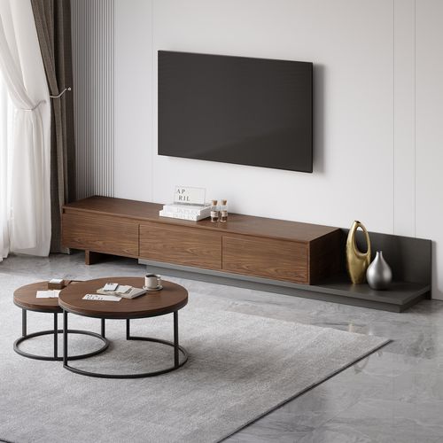 Living Room Set Retracted & Extendable 3-Drawer TV Stand & Round Nesting Coffee Table