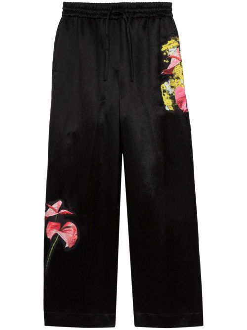 Floral-appliqué wide-leg trousers - Black