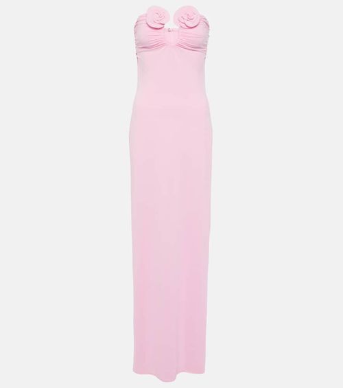 Floral-appliqué strapless maxi dress