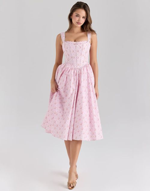 Amara stretch cotton corset midi dress in pink rose print