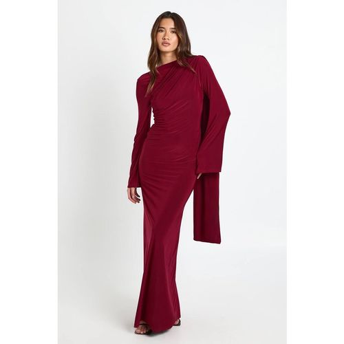 Boohoo Women's Long Sleeve Drape Detail Maxi Dress in Burgundy