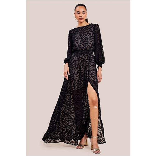 Goddiva Chiffon Geo-Wave Front Split Maxi Dress - Black