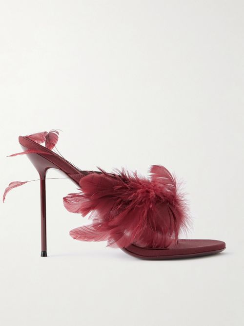 Lidia Feather-trimmed Leather Mules - Burgundy