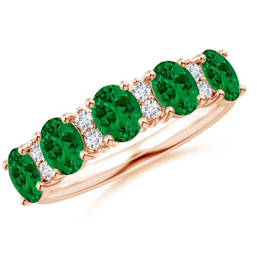Angara 1.5 Carats Lab-Grown Five Stone Emerald and Diamond Wedding Ring in 14K Rose Gold