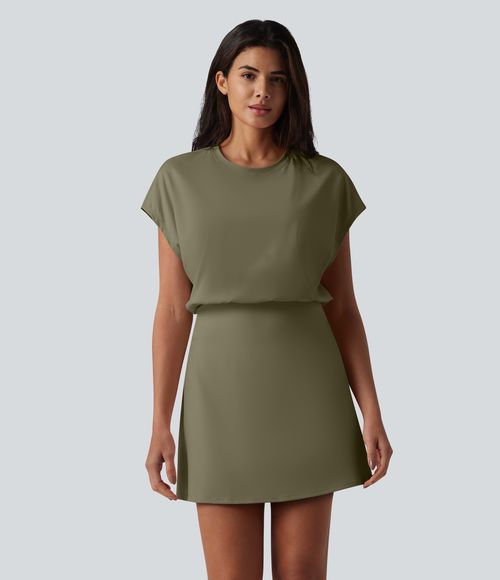 SoftlyZero™ Airy Round Neck Short Sleeve 2-in-1 Cool Touch Mini Yoga Active Dress with Pockets-Easy Peezy Edition Workout Dress - Withered Green