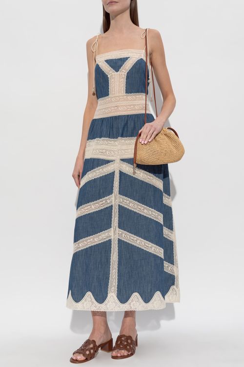 Dress With Lace Inserts, Women's, Navy Blue