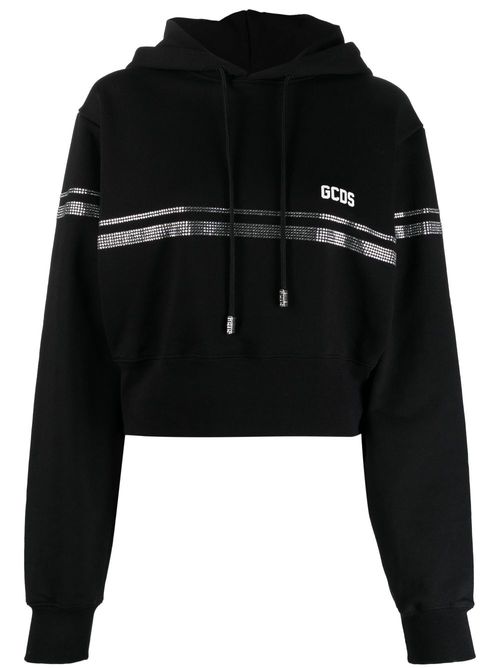 Crystal-embellished cropped cotton hoodie - Black