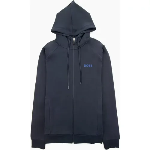 Men's Hugo Boss Saggy 1 Embroidered Logo Zip Up Hoodie Navy 402 - Black - : 40/Regular