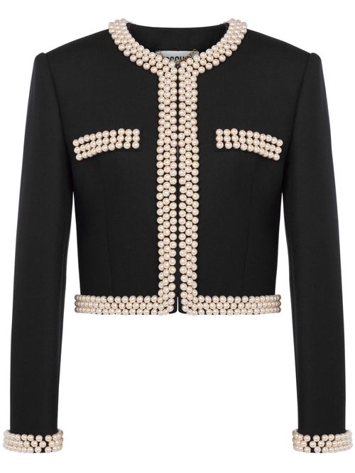 Faux pearl-embellished virgin wool blazer - Black