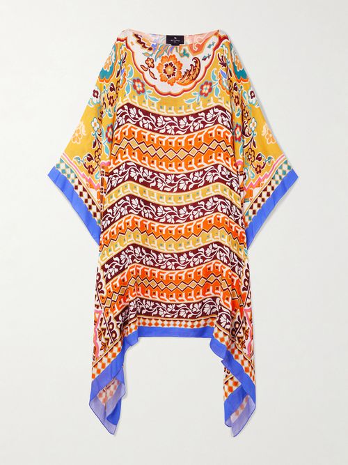 Asymmetric Printed Crepe De Chine Kaftan - Orange