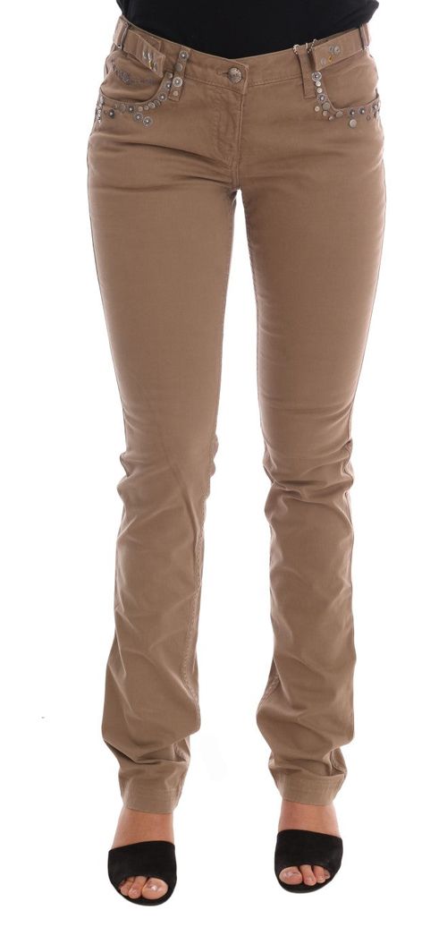 Studded Cotton-Stretch Slim-Fit Jeans — Beige