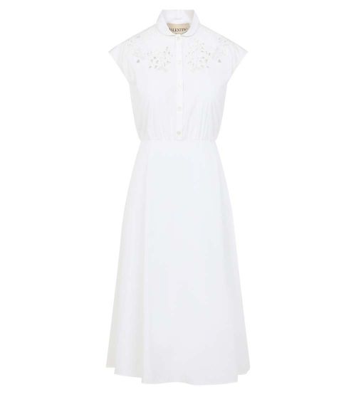 White Cotton Embroidery Midi Dress