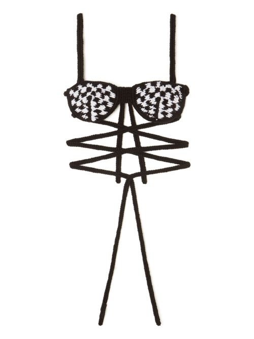 Check-pattern crochet bra - Black