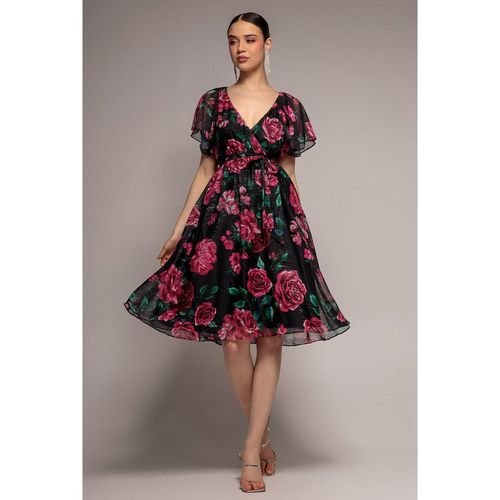 Goddiva Printed Lurex A-Line Flutter Sleeve Midi Dress - Black