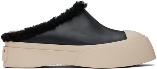 Marni Black Leather & Shearling Sabot Slippers