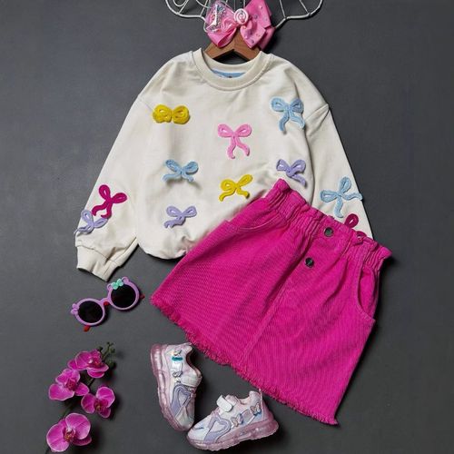 Mother & Kids Girls' 2-Piece Outfit Long Sleeve Bow Top & Skirt Set - Trendy Cotton Spring Fall Toddler Clothes Pink, Purple, 2-3Y To 7Y