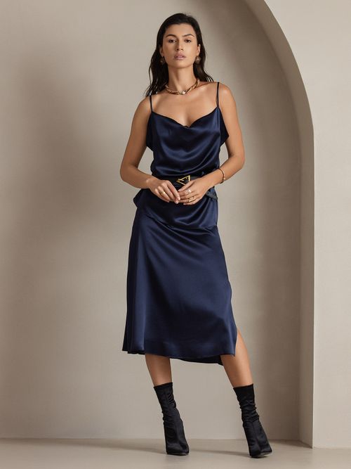 19Momme Silk A Line Long Slit Skirt with Zipper Design