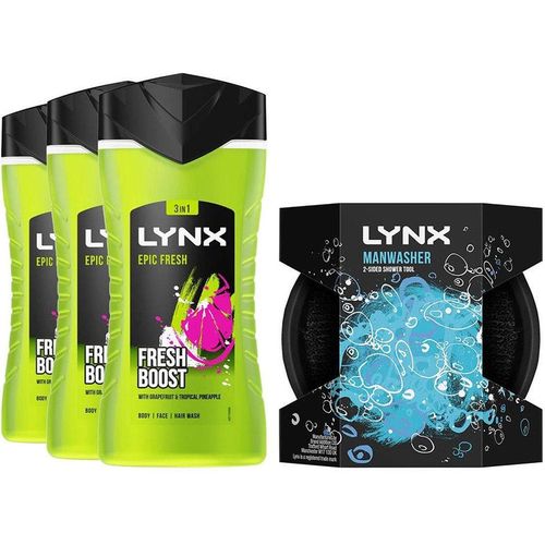 Lynx 3X Shower Gel Epic Fresh 225Ml With Manwasher 2-Sided Shower Tool In Green
