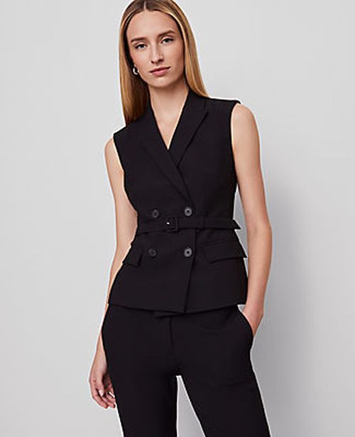 Ann Taylor Belted Double Breasted Vest in Seasonless Stretch