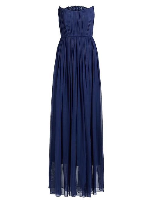 Women's Embellished Silk Chiffon A-Line Gown - Navy