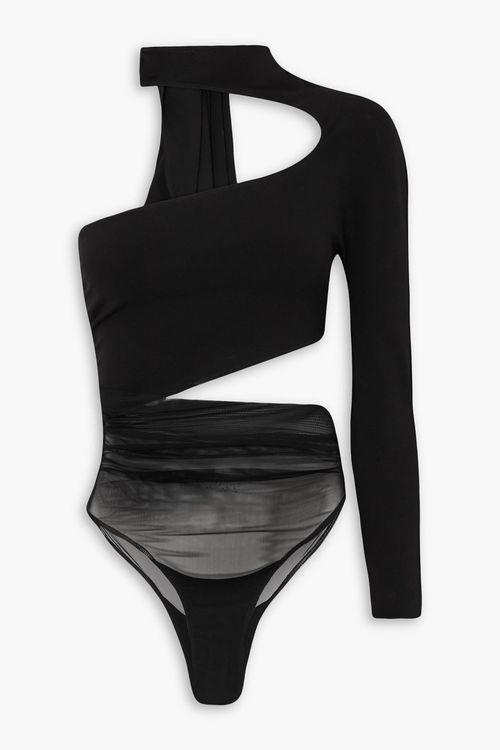 Illusion one-sleeve tulle-paneled stretch-jersey bodysuit