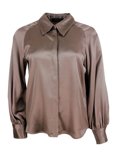 Long-sleeved Stretch Silk Shirt With Button Closure