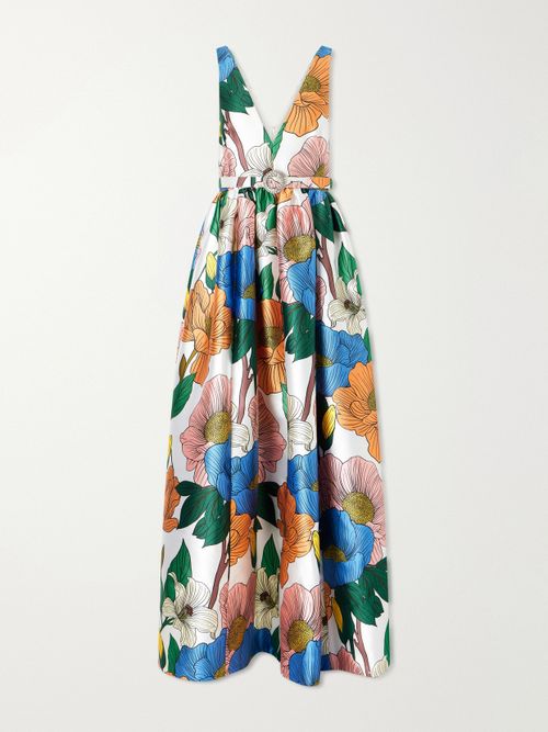 Isabella Belted Floral-print Taffeta Maxi Dress - Multi