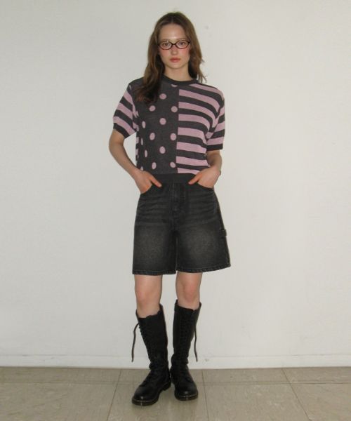 DOT STRIPE MIX HALF KNIT CHARCOAL PINK