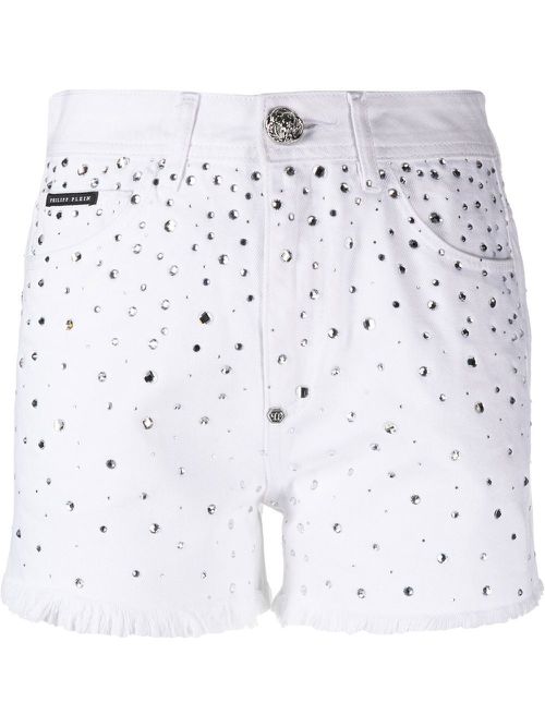 Logo-patch crystal-embellished shorts - White