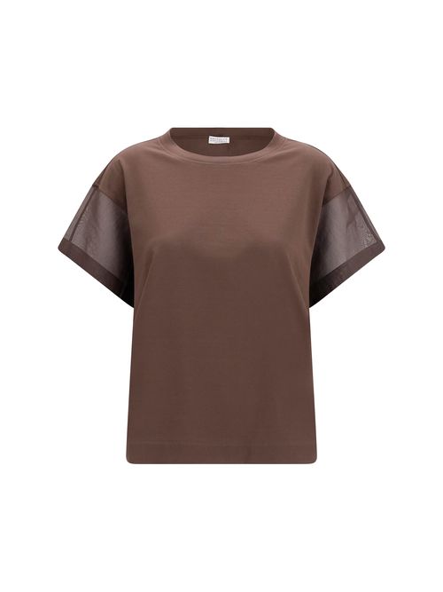 Cotton with Sheer Sleeves T-Shirt — Brown