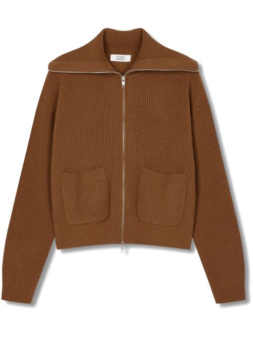 Oversize-collar zip-front cardigan - Brown