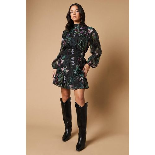 Oasis Women's Border Print Organza Shirred Waist Tie Back Mini Dress in Black
