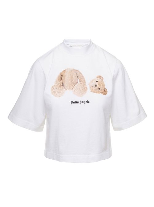 White Crewneck Crop T-shirt With Bear Graphic Print In Cotton Woman