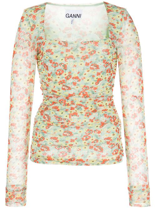 Floral-print mesh top - Blue