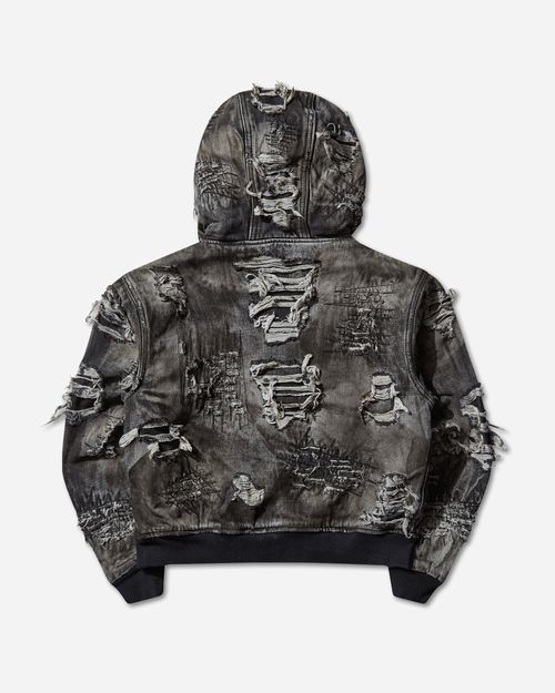 Men s Hard-Washed Damaged Denim Hooded Zip-Up Jacket Black