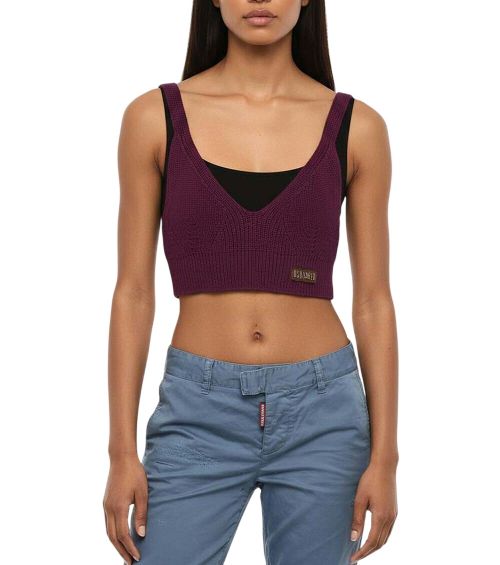 Purple Knitted V Neck Top