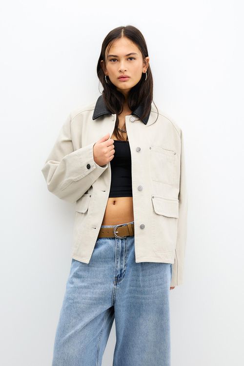 Worker Jacket With Faux Leather Collar